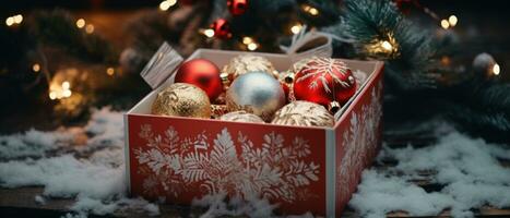 ai généré joyeux moment avec une la personne ludique cache derrière une décoré Noël arbre. ai génératif. photo