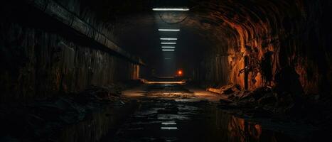 ai généré sinistre ambiance dans une vaguement allumé tunnel, avec complexe tuyaux. ai génératif. photo