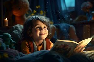 ai généré mignonne garçon en train de lire une livre avec imagination. génératif ai. photo