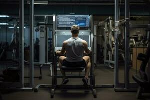 ai généré Jeune homme travail en dehors dans une Gym - côté vue de une homme travail dehors, une homme travail sur une aptitude machine à le salle de sport, ai généré photo