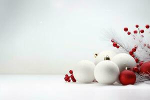 ai généré blanc Noël des balles sur blanc Contexte avec copie espace pour votre texte, Noël blanc Contexte avec Noël des balles et décoration, ai généré photo