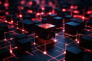 ai généré abstrait rouge La technologie Contexte avec embrasé cubes. 3d le rendu tonique image, fermer de une rouge embrasé blockchain réseau avec interconnecté blocs et Les données des champs, avec photo