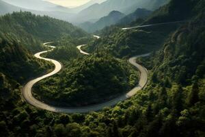 ai généré enroulement route dans le montagnes, Chengde, Hebei province, Chine, une yeux d'oiseau vue de une enroulement asphalte route par pin couvert d'arbres montagnes, ai généré photo