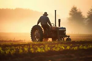 ai généré agriculteur dans tracteur en train de préparer terre avec lit de semence cultivateur à lever du soleil, une agriculteur en fonctionnement une tracteur travail dans le champ dans le matin, ai généré photo