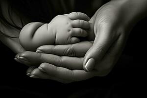 ai généré mains de mère et bébé sur noir arrière-plan, proche en haut, bébé pieds dans de la mère mains, fermer, ai généré photo