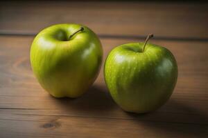 ai généré vert Pomme sur une en bois Contexte. ai génératif photo