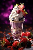 ai généré fraise Milk-shake avec fouetté crème et Cerise sur haut, rétro dessert Garniture photo