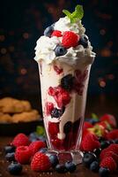 ai généré fraise Milk-shake avec fouetté crème et Cerise sur haut, rétro dessert Garniture photo