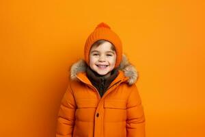 ai généré une Jeune garçon portant du froid temps Vêtements dans de face de un Orange arrière-plan, génératif ai photo