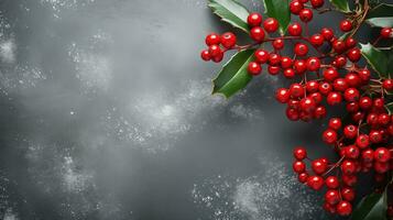 ai généré Noël gris planche Cadre avec branches de rouge baies couvert dans gel. copie espace.nouveau année Contexte. Haut voir, plat poser. bannière. photo