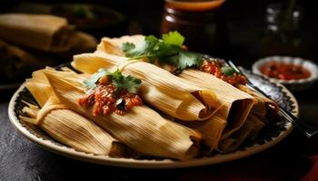 ai généré une gourmet mexicain repas avec grillé Viande, Frais légumes, et sauce généré par ai photo