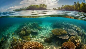 ai généré le coucher du soleil plus de le tranquille littoral, une pittoresque tropical été paysage généré par ai photo