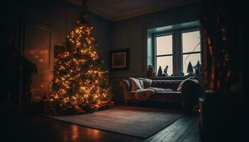 ai généré famille célébrer Noël avec décoré arbre et aux chandelles généré par ai photo