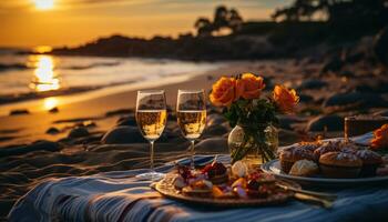 ai généré une romantique a la chandelle dîner en dessous de le été le coucher du soleil en plein air généré par ai photo