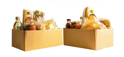 denrées alimentaires pour le don, le stockage et la livraison. divers aliments, pâtes, huile de cuisson et aliments en conserve dans une boîte en carton. photo