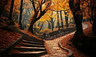 ai généré le enchanteur scène de béton escaliers couvert avec Jaune déchue feuilles dans un l'automne parc photo