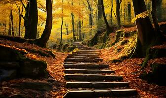 ai généré le enchanteur scène de béton escaliers couvert avec Jaune déchue feuilles dans un l'automne parc photo