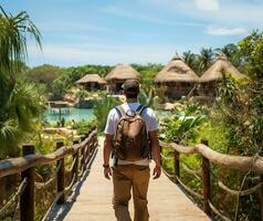 ai généré touristique explorant un respectueux de la nature recours connu pour ses a faible consommation Agréments photo