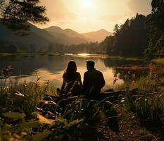 ai généré couple de les amoureux profiter leur Voyage par le magnifique la nature Lac photo