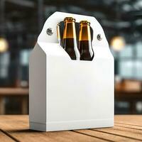 ai généré Vide blanc Bière bouteille papier carton maquette sur en bois table avec flou Contexte photo