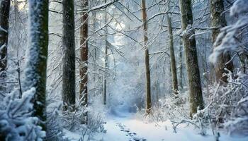 ai généré hiver forêt dans le neige photo