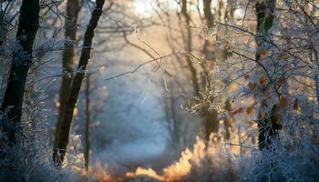 ai généré hiver forêt dans le neige photo