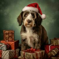 ai généré mignonne chien rauque Loup chiot avec Noël cadeau des boites concept photo affiche joyeux présent rouge Nouveau année