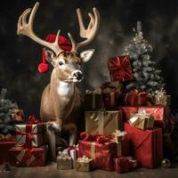 ai généré mignonne cerf rouge Père Noël chapeau Contexte neige carte postale duveteux animaux cadeau rouge hiver photo