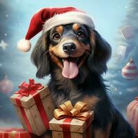 ai généré mignonne chien rauque Loup chiot avec Noël cadeau des boites concept photo affiche joyeux présent rouge Nouveau année