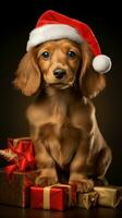 ai généré mignonne chien rauque Loup chiot avec Noël cadeau des boites concept photo affiche joyeux présent rouge Nouveau année