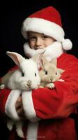 ai généré mignonne cerf rouge Père Noël chapeau Contexte neige carte postale duveteux animaux cadeau rouge hiver photo