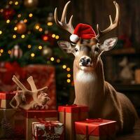 ai généré mignonne cerf rouge Père Noël chapeau Contexte neige carte postale duveteux animaux cadeau rouge hiver photo