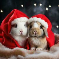 ai généré mignonne cerf rouge Père Noël chapeau Contexte neige carte postale duveteux animaux cadeau rouge hiver photo