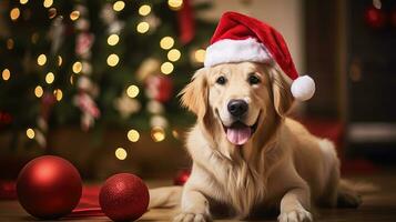 ai généré mignonne chien chiot retriever avec Noël cadeau des boites concept photo affiche joyeux présent rouge Nouveau année