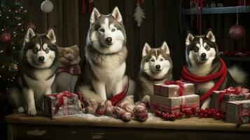 ai généré mignonne chien chiot avec Noël cadeau des boites concept photo affiche joyeux présent rouge Nouveau année