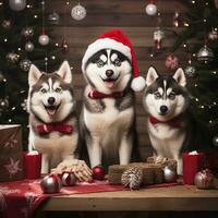 ai généré mignonne chien chiot avec Noël cadeau des boites concept photo affiche joyeux présent rouge Nouveau année