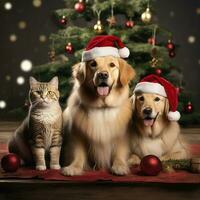 ai généré mignonne chien chiot retriever avec Noël cadeau des boites concept photo affiche joyeux présent rouge Nouveau année