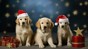 ai généré mignonne chien chiot retriever avec Noël cadeau des boites concept photo affiche joyeux présent rouge Nouveau année