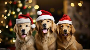 ai généré mignonne chien chiot retriever avec Noël cadeau des boites concept photo affiche joyeux présent rouge Nouveau année