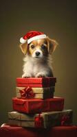 ai généré mignonne chien rauque Loup chiot avec Noël cadeau des boites concept photo affiche joyeux présent rouge Nouveau année