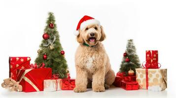 ai généré mignonne chien chiot retriever avec Noël cadeau des boites concept photo affiche joyeux présent rouge Nouveau année