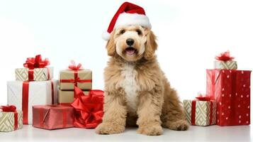 ai généré mignonne chien chiot retriever avec Noël cadeau des boites concept photo affiche joyeux présent rouge Nouveau année