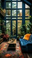 ai généré une vivant pièce avec une bleu canapé et coloré les fenêtres photo