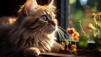 ai généré mignonne chaton séance dans herbe, regarder à le coucher du soleil avec curiosité généré par ai photo