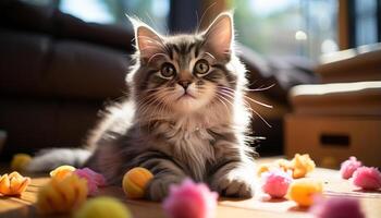 ai généré mignonne chaton séance dans herbe, regarder à le coucher du soleil avec curiosité généré par ai photo