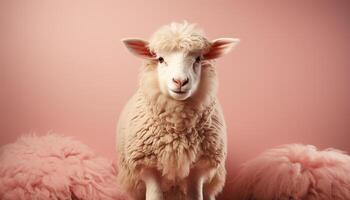 ai généré mignonne alpaga pâturage dans prairie, regarder naïvement à caméra généré par ai photo