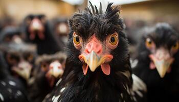 ai généré une mignonne coq dans une poulet coopérative, entouré par la nature généré par ai photo