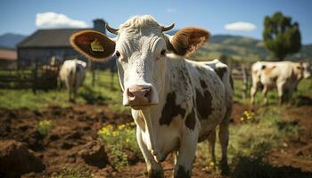 ai généré mignonne agneau pâturage dans vert Prairie sur une ferme généré par ai photo