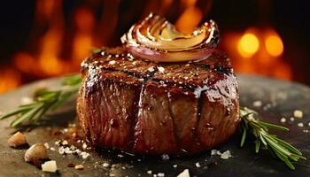 ai généré grillé du boeuf steak, Frais salade, et du vin sur Extérieur table généré par ai photo