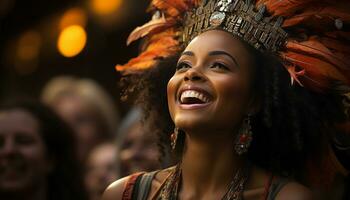 ai généré Jeune femme avec longue marron cheveux souriant à le caméra généré par ai photo